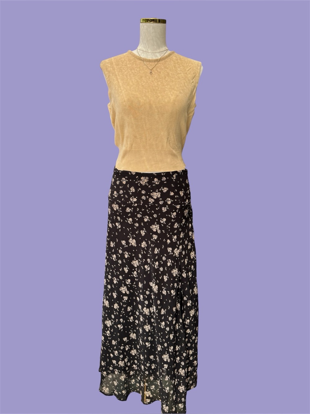 Floral Black Slit Soft Grunge Cottagecore Fairy Whimsigoth Maxi Skirt Large